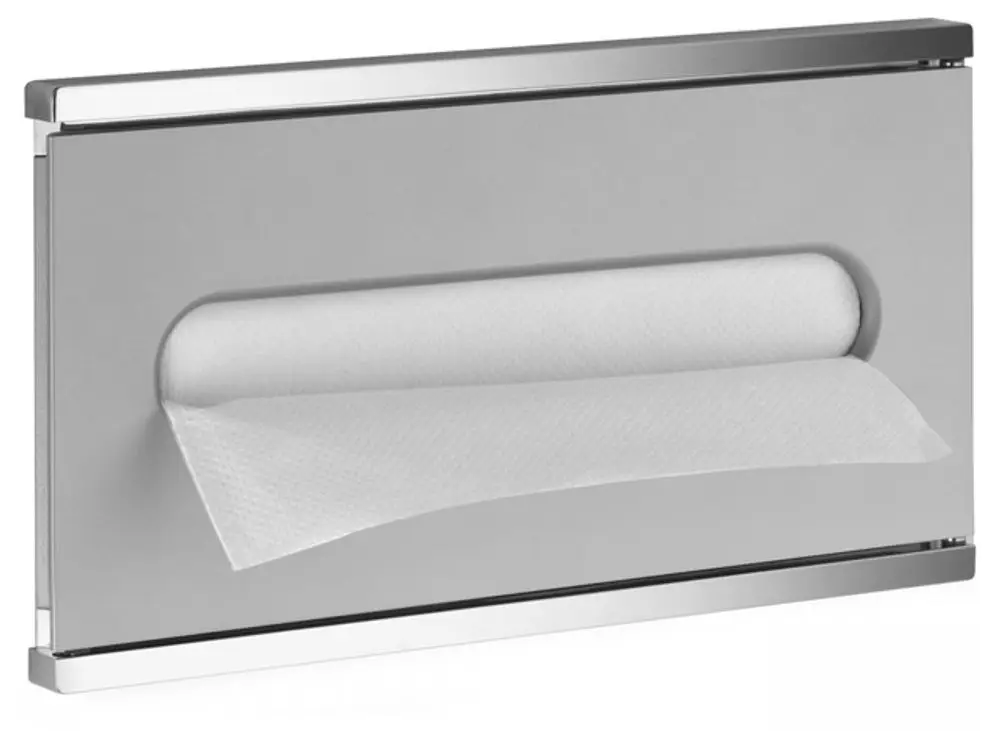 Keuco-Wandhalterung für Papierhandtücher aus verchromtem Metall, mit einer Öffnung für die Ausgabe von Handtüchern.